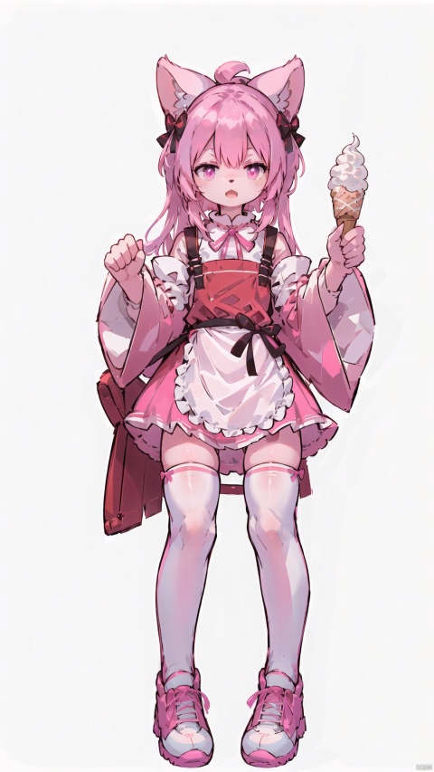  1girl, absurdres, apron, asymmetrical legwear, bow, detached sleeves, dress, food, highres, holding, ice cream, long hair, long sleeves, looking at viewer, open mouth, original, pink bow, pink dress, pink eyes, pink footwear, pink hair, pink socks, simple background, sleeves past fingers, sleeves past wrists, socks, solo, standing, thighhighs, uneven legwear, white background, white thighhighs
, shota, red background, furry