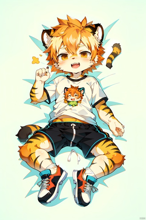  goo,furry,boy,happy_sex,shota,chibi,T_shirt,shorts,white socks, sneakers,tiger boy, orange_hair, cute, sunlight,knolling