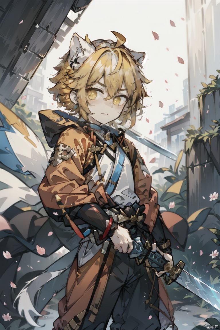  1boy,male focus, yellow hair,energy sword,glint,glowing sword,Unsheathed sword,solo, yellow Hanfu,Grasp the hilt with your hand,Brave and spirited,sword-dance,holding sword,looking at viewer,petals,solo,standing, glow