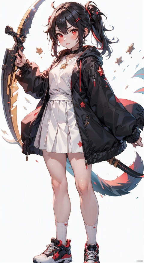  (1girl:0.6),thin,very long hair,black hair, A bundle of red hair,red eyes,small breasts,black coat,white lining,white skirt,socks,shoes,closed mouth,red star hairpin,(star), serious,star,(scythe),((((white_background)))),standing,masterpiece,best quality,official art,extremely detailed CG unity 8k wallpaper