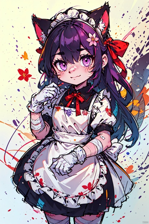  1girl, solo, long hair, looking at viewer, bangs, black hair, gloves, dress, ribbon, hair between eyes, closed mouth, purple eyes, purple hair, flower, multicolored hair, frills, black gloves, hand up, apron, black dress, two-tone hair, maid, maid headdress, neck ribbon, one side up, bandages, white flower, white apron, maid apron, frilled apron, yellow ribbon, colored inner hair, bandaged arm, collared dress, pink fantasy, jinlanshan, lbb, JHJH,((masterpiece)), ((best quality)), ((illustration)), extremely detailed, fensehuanxiang,pink fantasy,cat,abstract background,yellow and purple, Cluttered lines, furry, shota
