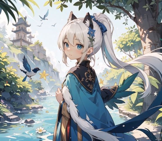  1girl,White-hair(green-highlights),double-ponytail,flat_chest,garland(rosemary),Four-pointed-star-feather-element,with-bird-ear,backlighting,front_view,
sideways,hold-flower(blue),limited_palette,blue_eyes,forest,back with river, (\meng ze\), ((poakl)), furry, shota, CACA