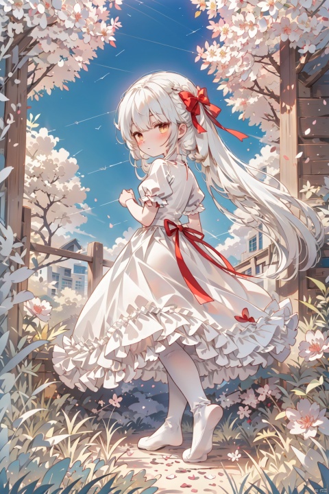  masterpiece,best quality,high quality,loli,1girl, solo, long hair, looking at viewer, blush, bangs, thighhighs, dress, ribbon, brown eyes, very long hair, closed mouth, standing, full body, yellow eyes, white hair, short sleeves, outdoors, sky,no shoes, day, puffy sleeves, looking back, cloud, from behind, white dress, white thighhighs, red ribbon, tree, blue sky, puffy short sleeves, petals, cherry blossoms, skirt hold, fdjz, shota, white pantyhose