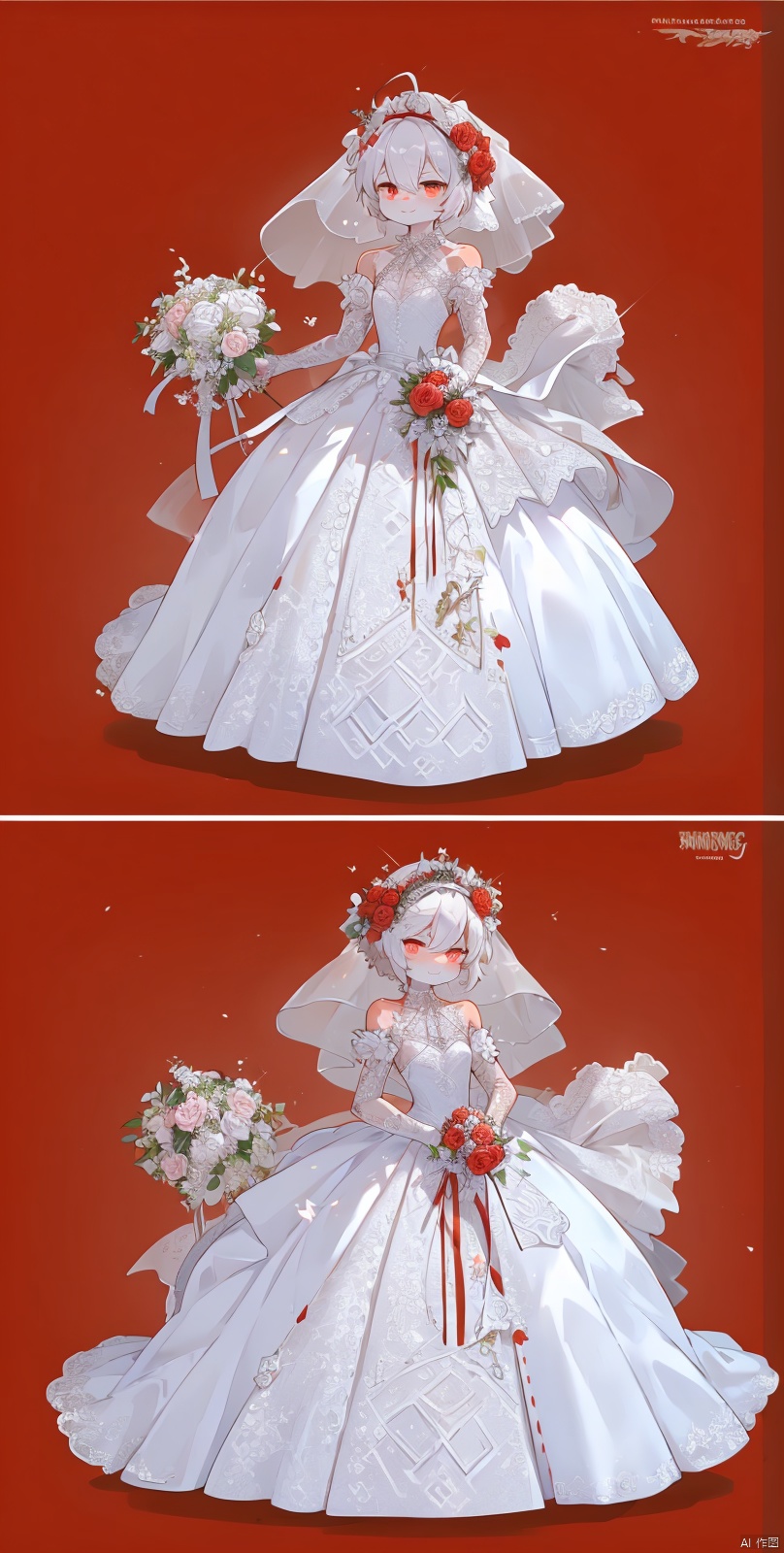  Skeleton Bride, Holding flowers in the hand, Wearing a wedding dress, Wait at the cemetery, So many details., hell, blackmagic, macron, solid eyes, xinniang, cutegui, wulian, red background, shota, furry