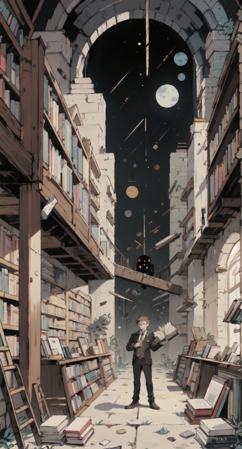 arafed image of a man standing in a library with books, endless books, borne space library artwork, books cave, fantasy book illustration, spiral shelves full of books, infinite celestial library, an eternal library, gothic epic library concept, magic library, japanese sci - fi books art, beeple and jean giraud, books all over the place, 