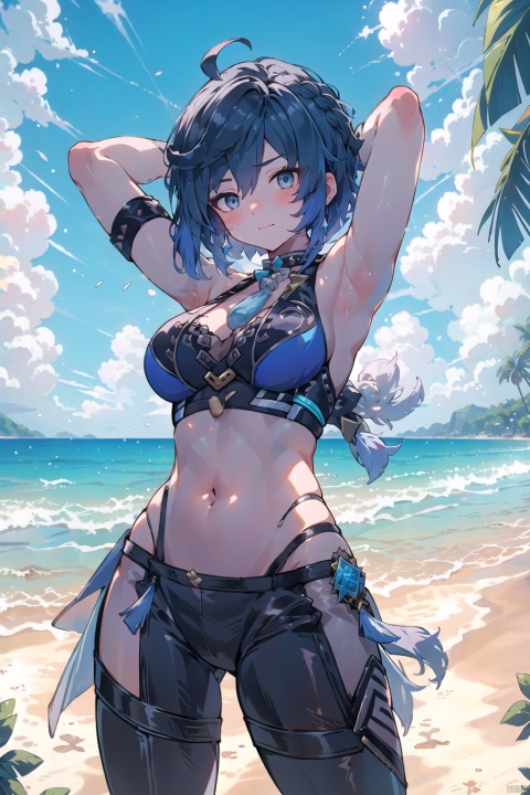  1girl, solo,armpits, arms up, looking at viewer, thigh strap, navel, see-through, big breasts, cowboy shot, hair between eyes,blue hair, arms behind head, bare shoulders, grey eyes, bangs, blush, ahoge, closed mouth, very long hair, bare arms, stomach, signature, shenhe (genshin impact),sea,beach, yelan (genshin impact), shota