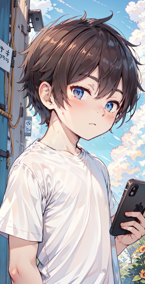  artist_name, cellphone, cloud, holding, holding_phone, looking_at_phone, male_focus, phone, shirt, short_sleeves, sky, smartphone, solo, t-shirt, upper_body, white_shirt, shota, furry
