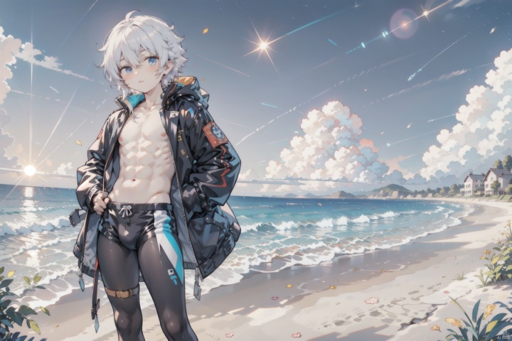 1boy,a young male anime character standing at a beach during sunset. He is shirtless, displaying a muscular physique, and wears a black jacket. The sky is painted in hues of blue, purple, and orange, with scattered stars. The sun casts a warm, golden glow on the character and the surrounding environment. The art style is detailed, with smooth shading and lifelike textures, particularly evident in the character's hair and skin,
masterpiece,best quality,very aesthetic,absurdres, shota, white pantyhose