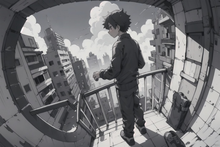  (((best quality,masterpiece,fine detailed,))),Top view,large perspective,fisheye Perspective,black and white painting,Scene design,concept design,CJ view,a drawing of a person standing on a ledge above a cityscape with buildings and a bird flying overhead,building,city,cityscape,skyscraper,scenery,bridge,street,architecture,monochrome,town,real_world_location,greyscale,library,rooftop,house,road,east_asian_architecture,outdoors,tokyo_\(city\),traditional_media,brick_wall,railing,blue sky, (best quality, high quality, masterpiece,), shota