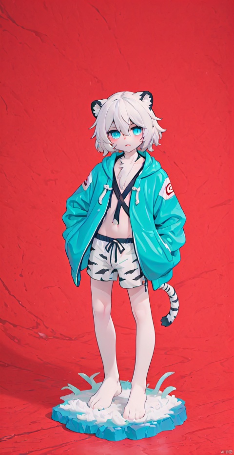  Bestquality,8k,(((masterpiece))),((bestquality)),
 (full_body:1.2),solo,
 White tiger,Swimming trunks,White animal hair, Delicate blue eyes,furry, bichu, shota, HYZ, killer,pvc figure, , (\shen ming shao nv\), red background