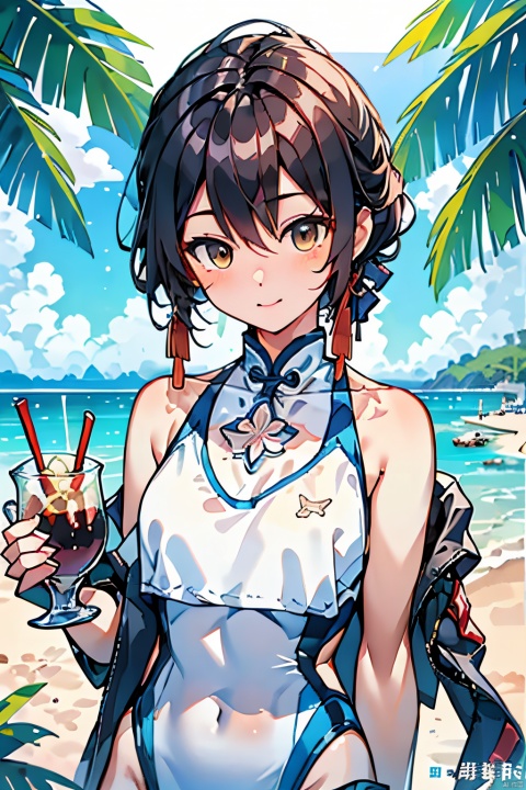  Masterpiece, Best, Summer, Colored, Beach, Upper Body, Sexy, Swimsuit, Girly, Dessert, Goblet, Magazine Cover, shota, Ink scattering_Chinese style