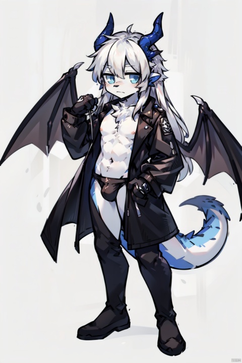  Wearing a black trench coat,Long black trench coat,look so cool,Holding a sickle in left hand,furry,white wolf boy,male,long hair,white hair,KemoShota,Dragon horn,long dragon tail,the whole body,the whole body only white,hang in the air,cool,Black Devil Wings,long white hair,blue eyes,nipples,, shota, CUXIAN