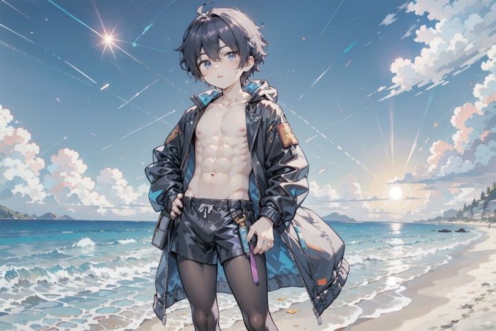 1boy,a young male anime character standing at a beach during sunset. He is shirtless, displaying a muscular physique, and wears a black jacket. The sky is painted in hues of blue, purple, and orange, with scattered stars. The sun casts a warm, golden glow on the character and the surrounding environment. The art style is detailed, with smooth shading and lifelike textures, particularly evident in the character's hair and skin,
masterpiece,best quality,very aesthetic,absurdres, shota, white pantyhose