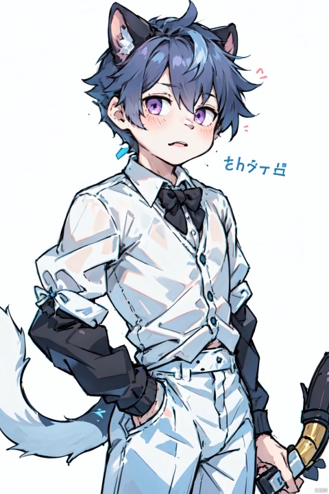  (1boy:1.2), black_bow, tie, bowtie, hair_bow, parted_lips, purple_bow, blue_hair, short_hair, simple_background, solo, white_background, shota, furry