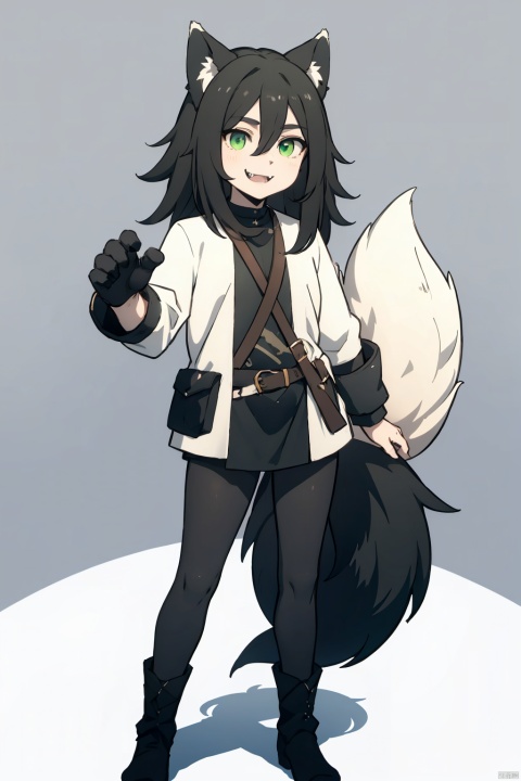  1girl, furry, rogue, full body,(wolf girl,green eye,black hair), leather armor, black fur at all, wolf face, FurryCore,1tail,grinning, sharp fangs,human hands,Gynomorph, f4nt4nsy style, eastern dragon, rachel