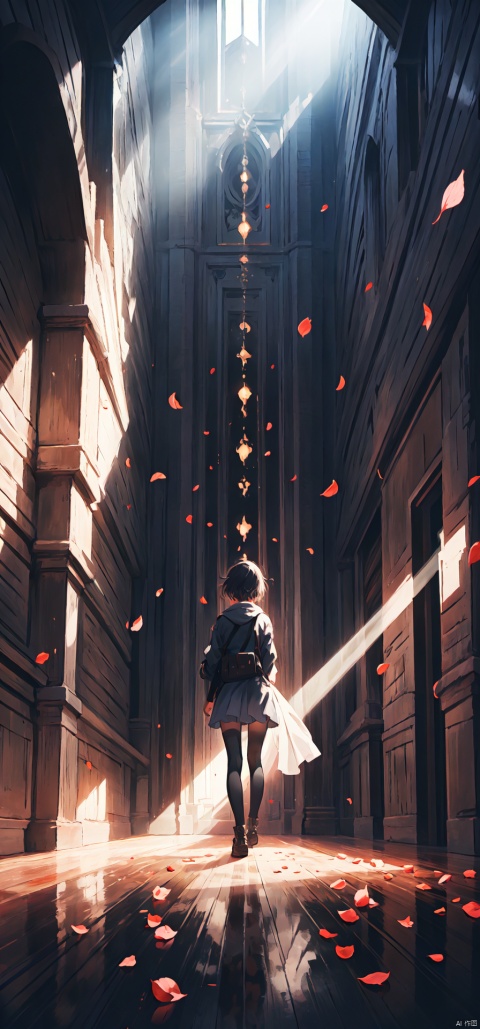  1girl, full body, solo, melancholic, melancholy, nostalgic, a sense of solitude, petals,Surrealistic imagery, dreamlike atmosphere, vibrant and contrasting colors, intricate and detailed elements,(Tyndall effect:1.2),