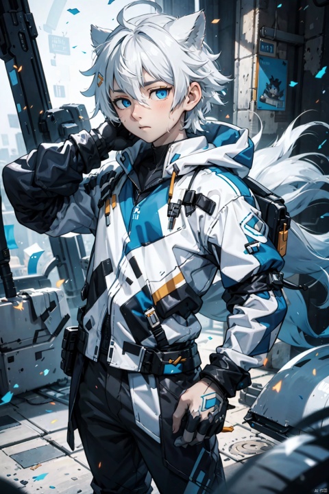  1boy,messy hair, white hair, Blue eyes, midjourney, shota