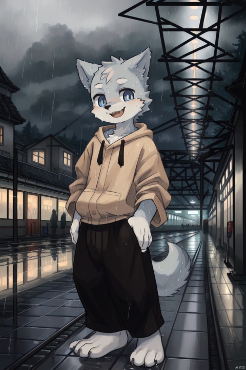  masterpiece, best quality, perfect anatomy, bright eyes, watery eyes, kemono, furry, wolf, (felis:0.25), male, solo, baggy clothing, (open smile:1.1), gentle, looking at viewer, train station, rain, (waterdrop:0.9), grey sky, raining, (fog:0.4), detailed eyes, shota,CUXIAN