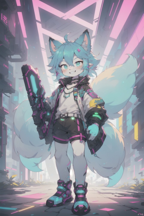  The image portrays a vibrant, futuristic character, possibly from a sci-fi or cyberpunk setting. The character has a reflective, metallic appearance, adorned with neon lights that form animal-like ears and a playful grin. The color palette is dominated by pastel hues, giving the scene a dreamy and ethereal feel, shota, furry, MG tian