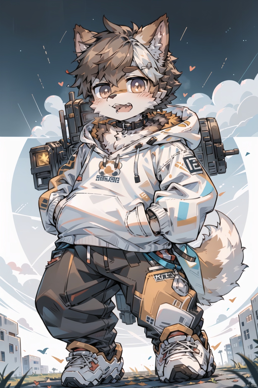  ((best quality)),(boy:Shiba inu:0.8),(boy:1.2),(dark brown fluffy hair:1.3), (big grey innocent eyes:1.2),stubborn expression,open the mouth and show the teeth,canine teeth,(white hoodie with paw prints:1.1),(collar on neck:1.2),paws in pocket,(carefree attitude:1.2), (anime character:1.3), lovable personality, (endearing perspective:1.1), (8k resolution:1.0),furry,pixel art,machinery, furry,fat, shota, 
