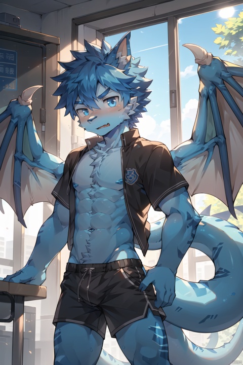  master piece,****,young, teenage,handsome ,1boy,topless,blue eyes,shota,dragon boy,furry,blue skin,blue scales,male focus,tail,at school,uniform,dragon thorns,hairless,wings,shorts,shirts,backlight, (\shen ming shao nv\)
