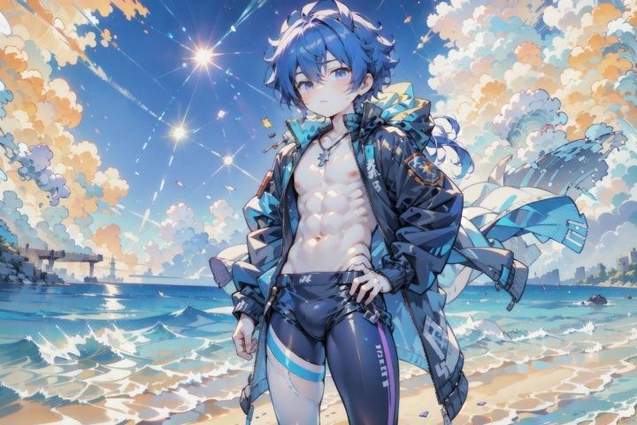 1boy,a young male anime character standing at a beach during sunset. He is shirtless, displaying a muscular physique, and wears a black jacket. The sky is painted in hues of blue, purple, and orange, with scattered stars. The sun casts a warm, golden glow on the character and the surrounding environment. The art style is detailed, with smooth shading and lifelike textures, particularly evident in the character's hair and skin,
masterpiece,best quality,very aesthetic,absurdres, shota, white pantyhose