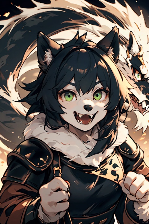  1girl, furry, rogue, full body,(wolf girl,green eye,black hair), leather armor, black fur at all, wolf face, FurryCore,1tail,grinning, sharp fangs,human hands,Gynomorph, f4nt4nsy style, eastern dragon