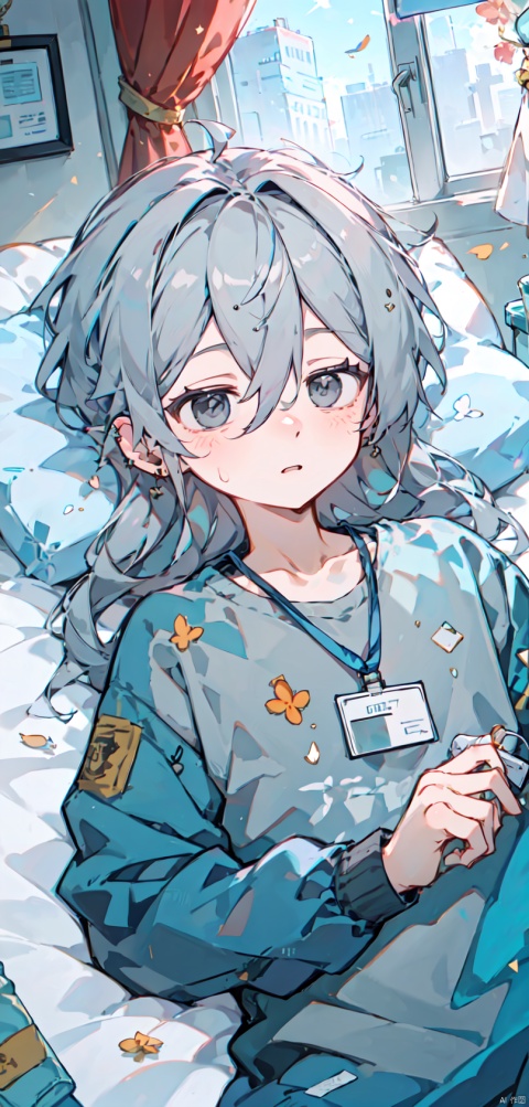  1girl, solo, long hair, blush, bangs, shirt, long sleeves, jewelry, upper body, grey hair, earrings, lying, parted lips, indoors, pillow, grey eyes, window, bed, on bed, bandages, looking down, piercing, curtains, messy hair, ear piercing, blanket, id card, lanyard, intravenous drip, hospital bed, shota