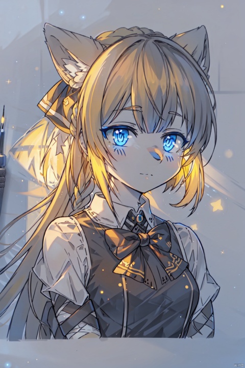  1girl,artsuijin,bandages,bangs,bowtie,braid,dark aura,hair bow,hair ornament,hair ribbon,long hair,looking at viewer,multicolored hair,portrait,solo,traditional media,upper body,yellow hair,blue eyes,symbol-shaped pupils,star,,, masterpiece, best quality, highres, artsuijin, furry