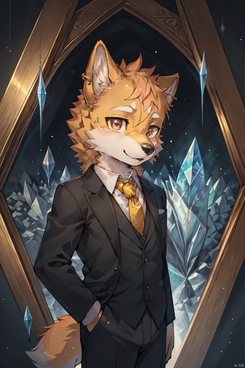  High detailed, High precision, Hyper quality, Fine luster, UHD,16k, masterpiece, Round eyes,earing,jewelery,crystal,head as dog,furry,cute Shiba Inu dog, wearing a suit, tie, furry, shota
