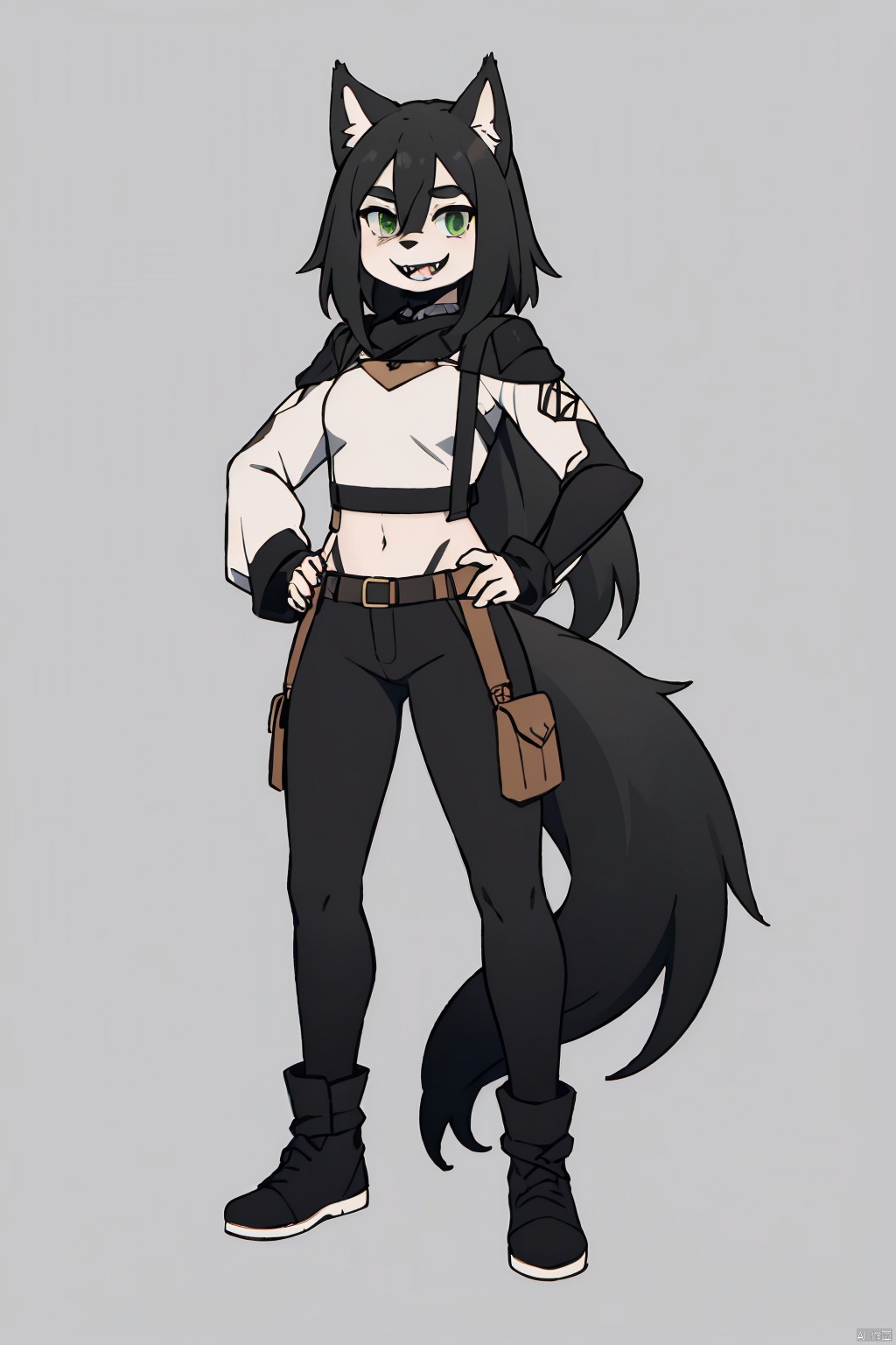  1girl, furry, rogue, full body,(wolf girl,green eye,black hair), leather armor, black fur at all, wolf face, FurryCore,1tail,grinning, sharp fangs,human hands,Gynomorph, f4nt4nsy style, eastern dragon, rachel