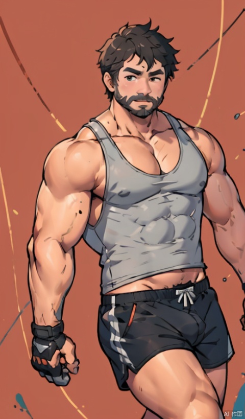  1boy,Muscular,CNThor, male focus, solo, facial hair, muscular, muscular male, large pectorals, abs, beard, short hair, mature male, mustache, looking at viewer, thighs, old man, old,realistic, shorts, thick thighs, arm armors, black hair, male underwear, underwear,((wearing T-shirt,tank top)), Jixieman, shota, red background