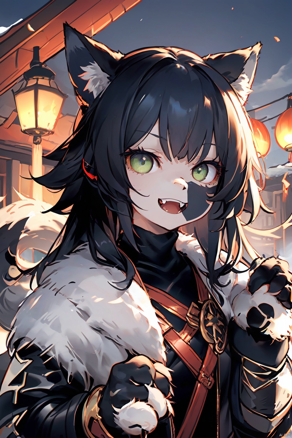  1girl, furry, rogue, full body,(wolf girl,green eye,black hair), leather armor, black fur at all, wolf face, FurryCore,1tail,grinning, sharp fangs,human hands,Gynomorph, f4nt4nsy style, eastern dragon