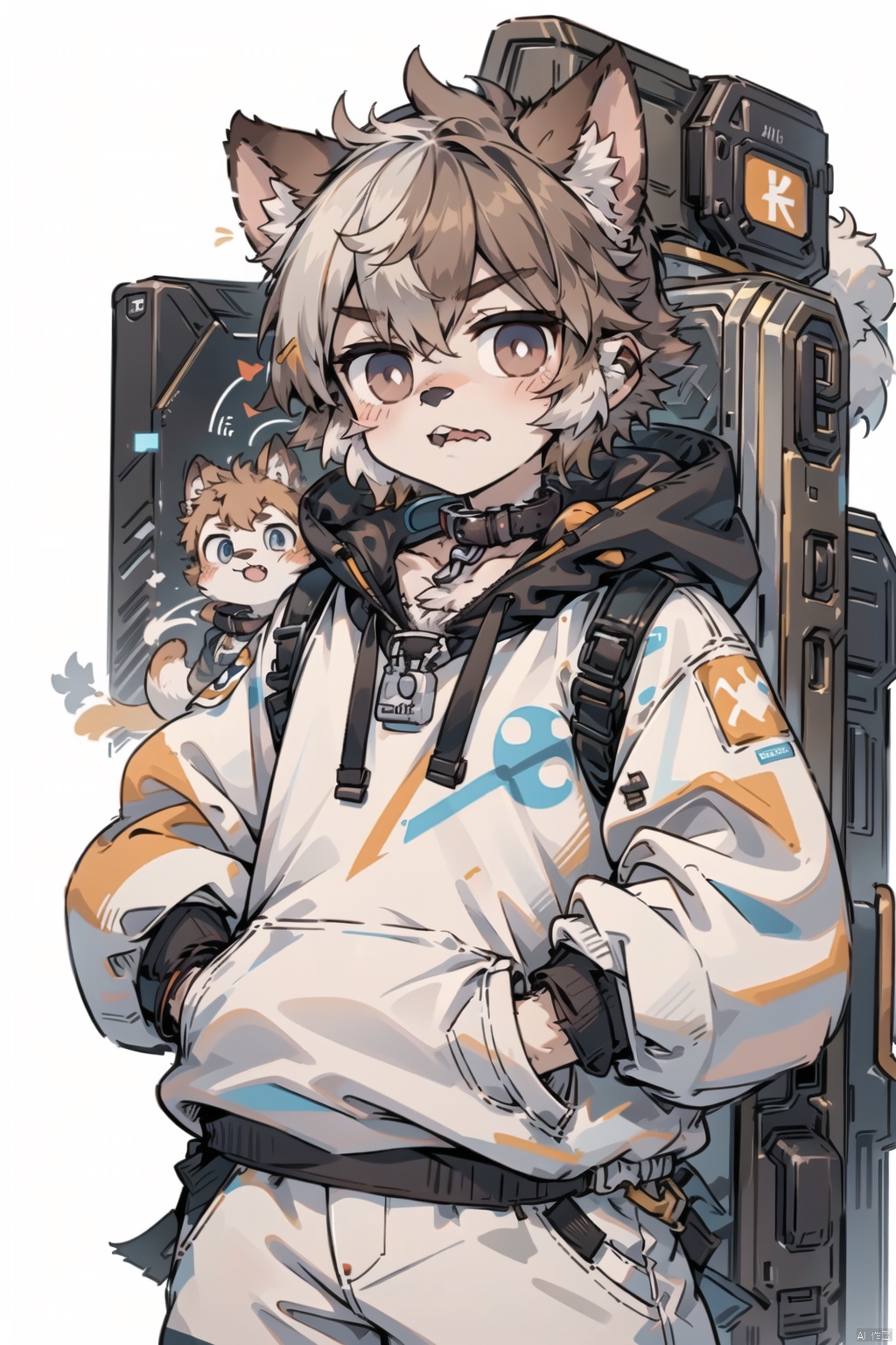  ((best quality)),(boy:Shiba inu:0.8),(boy:1.2),(dark brown fluffy hair:1.3), (big grey innocent eyes:1.2),stubborn expression,open the mouth and show the teeth,canine teeth,(white hoodie with paw prints:1.1),(collar on neck:1.2),paws in pocket,(carefree attitude:1.2), (anime character:1.3), lovable personality, (endearing perspective:1.1), (8k resolution:1.0),furry,pixel art,machinery, furry,fat, shota, 