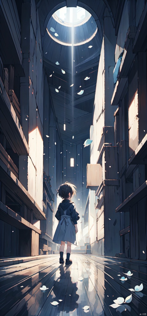  1girl, full body, solo, melancholic, melancholy, nostalgic, a sense of solitude, petals,Surrealistic imagery, dreamlike atmosphere, vibrant and contrasting colors, intricate and detailed elements,(Tyndall effect:1.2), shota
