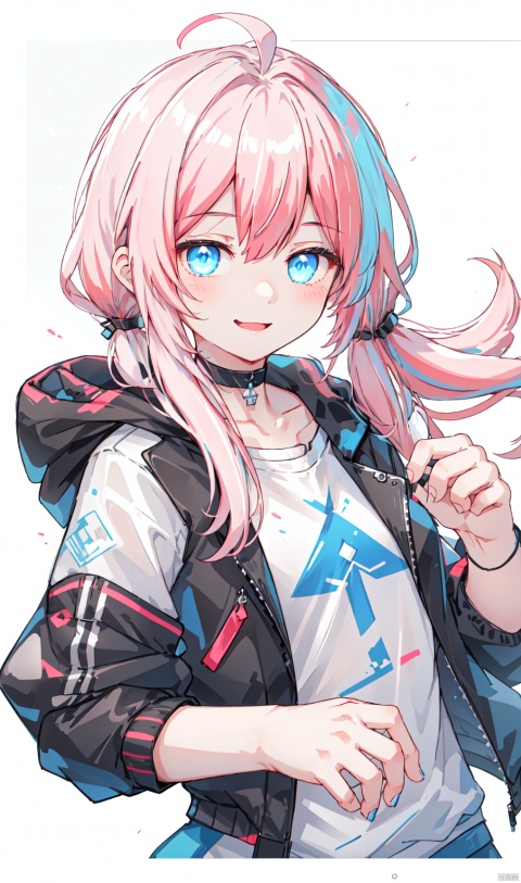 1girl, solo, long hair, looking at viewer, smile, bangs, blue eyes, shirt, white background, twintails, closed mouth, jacket, white shirt, upper body, pink hair, ahoge, choker, collared shirt, hood, low twintails, black choker, blue jacket, hooded jacket, hood up, zoom layer, elite ii \(arknights\), blue poison \(arknights\), shota