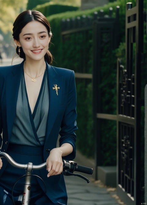  gz, aigirl, a snapshot of a woman (Emmy Rossum:0.9), solo, half body, big breasts, look at viewer, smile:0.5, look away,
elegant clothes, simple necklace, cross hand,
(outdoors, gate, bike, motion blur),
4k, 35mm film,chinese beauty