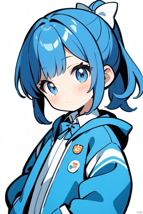  1girl, solo, long hair, looking at viewer, blush, bangs, blue eyes, simple background, shirt, long sleeves, white background, bow, closed mouth, blue hair, jacket, white shirt, ponytail, hair bow, open clothes, collared shirt, hood, bowtie, blue bow, hood down, white bow, blue jacket, hooded jacket, hands in pockets, blue bowtie, tr mini style, 3DIP