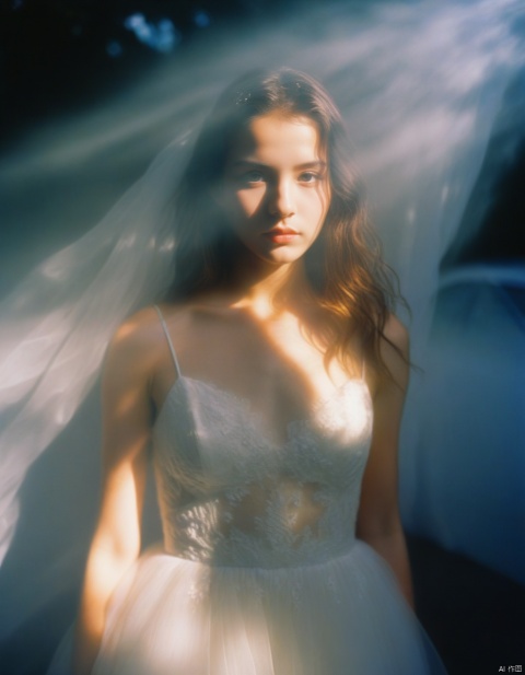  a girl close up,tyndall effect,wedding dress,foggy,dark shadow photography,surreal dramatic lighting shadow (lofi, analog),kodak film by Brandon Woelfel Ryan McGinley,
, xxmixgirl, sunlight