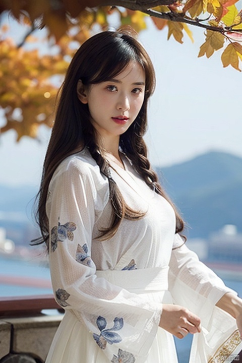  1 girl, wearing a white dress with floral patterns printed on it, featuring gold and white themes for a sense of coordination, order, half body, close-up, upper body, outdoor, front, best image, fallen leaves, branches, autumn leaves, Chinese clothing, ancient style, Chinese long skirt, long sleeves, double layered light gauze skirt, brown eyes, black hair, ultra-high definition, super-resolution, high-resolution, linzhiling