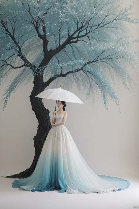  
/I Foreground a tree, Chinese beauty holding an umbrella, cyan and white color matching, ink painting minimalist style, large white space, tulle translucent material, soft gradient, perspective aesthetics