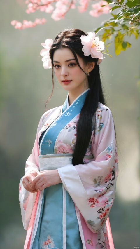  arien_hanfu,1girl, solo, flower, long hair, black hair, hair ornament, (big breasts:1.39),hair flower, blue eyes, floral print, chinese clothes, looking at viewer, detached sleeves, full body, white flower, parted lips, dress, pink flower, china dress, bare shoulders, blush, red flower, eyelashes, white dress, lips, sleeveless, parted bangs, grey background, gongzhuqie, neon_dress,huansha, glowing,lens flare,big leaf,plant, wind, chang,(big breasts:1.5), Anne Hathaway