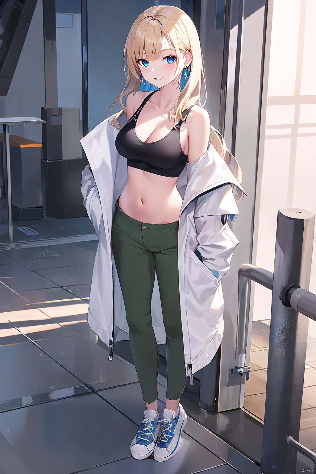  (best quality), ((masterpiece)), (highres), illustration, original, extremely detailed, 1girl, solo, long hair, breasts, white background, full body, yellow background, blonde hair, sneakers, pants, shoes, blue eyes, looking at viewer, navel, white footwear, jewelry, earrings, crop top, off shoulder, midriff, jacket, hands in pockets, bare shoulders, green pants, smile, standing, cleavage, parted lips, open clothes, **** top, medium breasts, collarbone, open jacket, floating hair,white jacket,nai3 style, nai3style