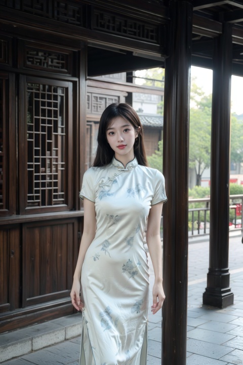  (global illumination, reality,ray tracing, HDR, unreal rendering, reasonable design, high detail, masterpiece,best quality, ultra high definition, movie lighting),
1girl,outdoor,looking_at_viewer,side_blunt_bangs,china_dress,chinese_style,big breasts,pose,solo,1girl,black hair,black eyes, , qipao