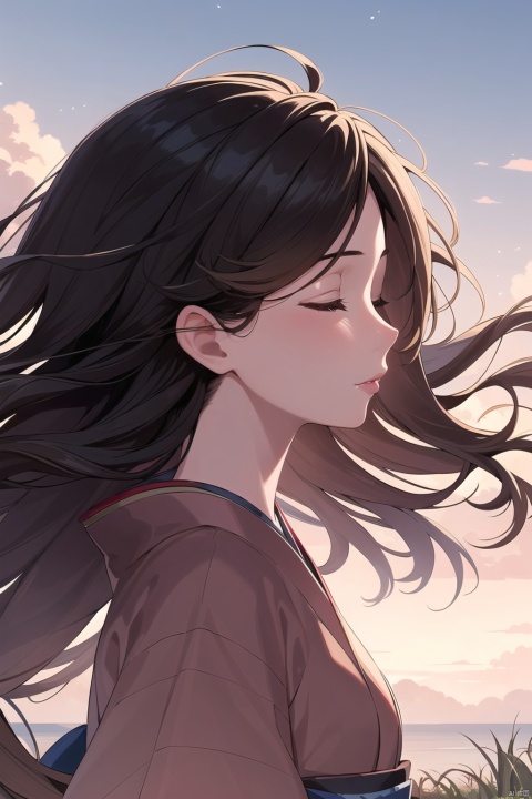  1girl, solo, sky, outdoors, cloud, day, closed eyes, wind, grass, blue sky, lips, closed mouth, nose, black hair, upper body, from side, profile, eyelashes, floating hair, realistic, cloudy sky, brown hair, japanese clothes, long hair, messy hair, kimono, watermark