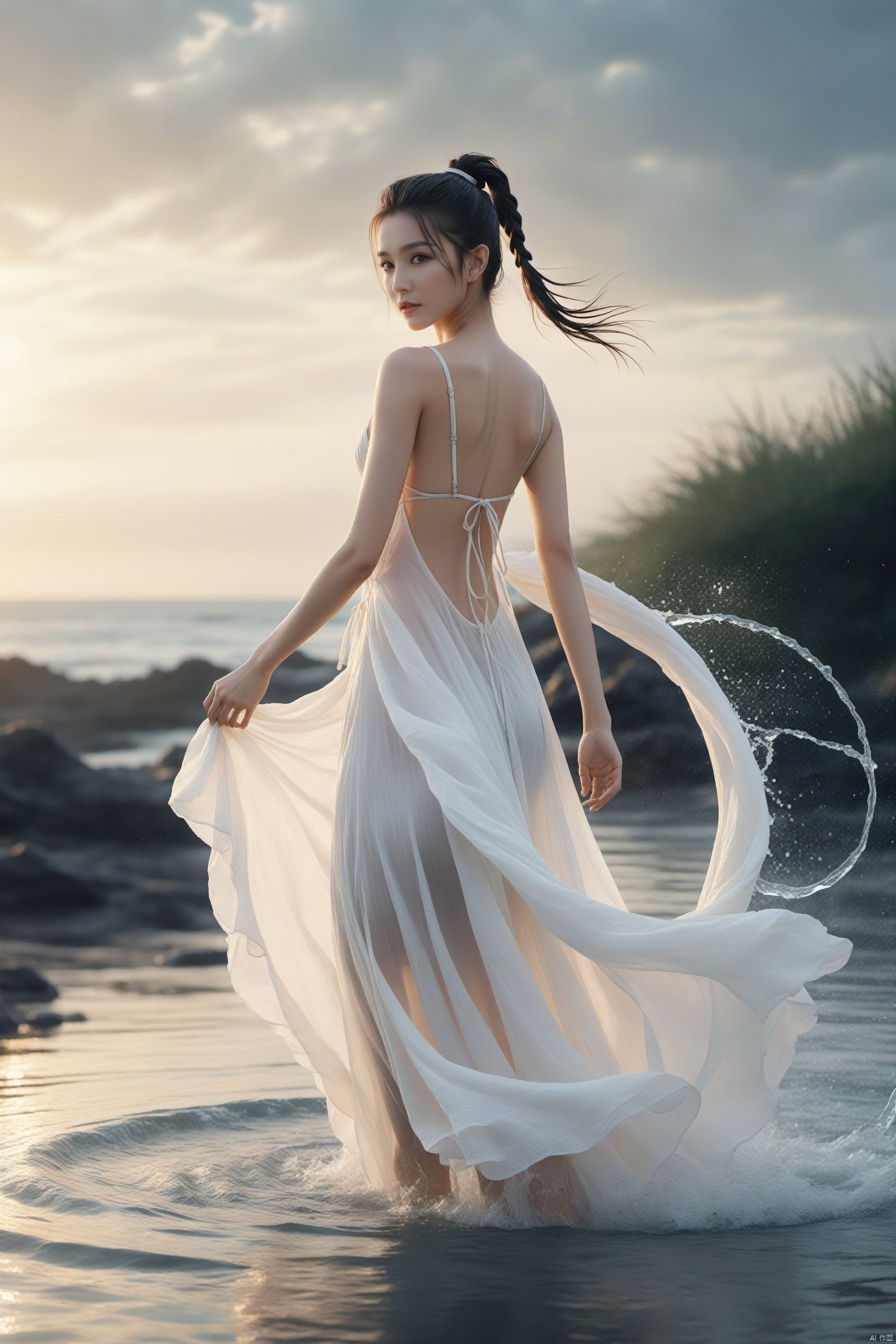  High quality,masterpiece,wallpaper,A beautiful woman is surrounded by a water ring,(translucent white gauze dress:1.3),(bikini:1.3),ponytail,walking,splashing water,fantasy, yaya