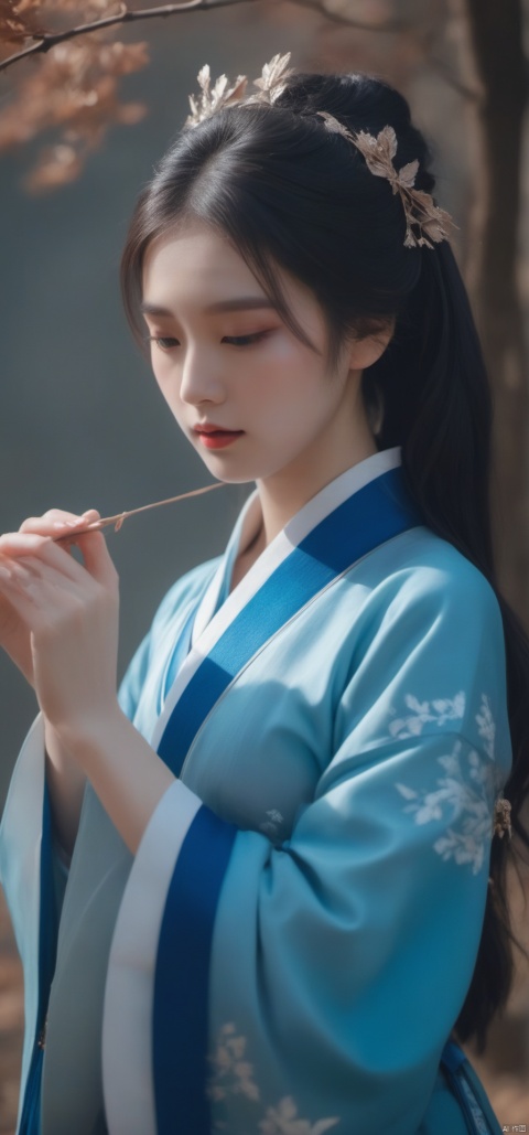  Fashion editorial style a asian girl with hanfu, joint brand, ribbon, Withered leaves, old vines, plant illustration, splash ink,High fashion, trendy, stylish, editorial, magazine style, professional, highly detailed, cinematic lighting, Dramatic lighting, light master,blue_eyes,