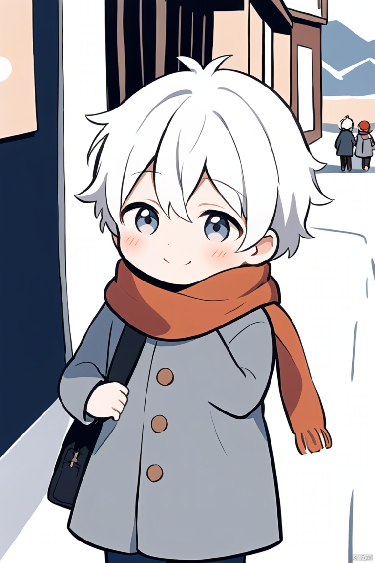  Solo, Blush, a little boy, smile, body, eyes closed, white hair, male focus, outdoor, bag, scarf, gray coat,child,Boy,气质男孩,围巾小孩,山水如画,雪景, Illustration