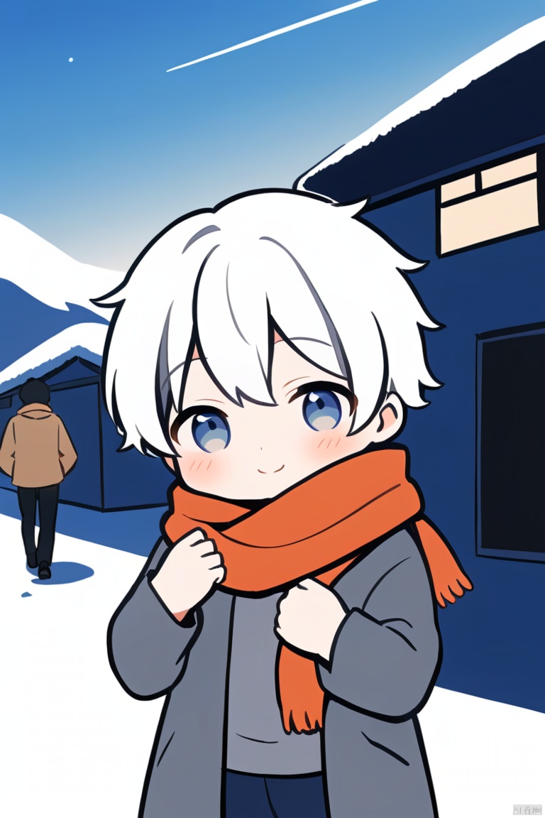  Solo, Blush, a little boy, smile, body, eyes closed, white hair, male focus, outdoor, bag, scarf, graycoat,child,Boy,气质男孩,围巾小孩,山水如画,雪景, Illustration