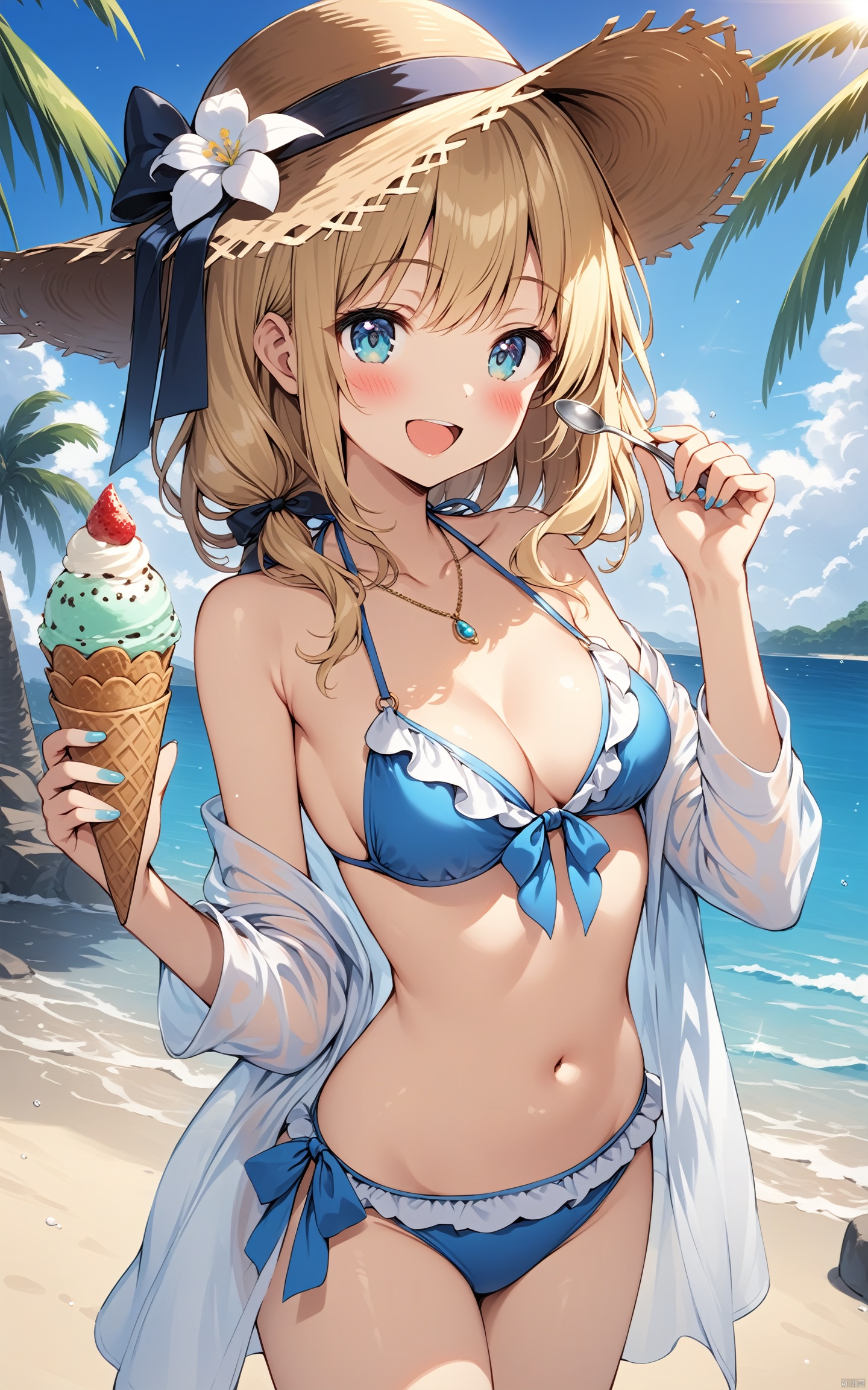  (masterpiece), (best quality), illustration, ultra detailed, hdr, Depth of field, (colorful), loli, artist Hiten, 1girl, outdoors, hat, bikini, swimsuit, solo, ice cream, food, breasts, blue bikini, day, holding, looking at viewer, open mouth, navel, white shirt, shirt, smile, beach, nail polish, open clothes, off shoulder, collarbone, medium breasts, bangs, ocean, open shirt, water, cleavage, :d, straw hat, flower, spoon, stomach, blue sky, sky, palm tree, halterneck, blurry, standing, bare shoulders, hair ornament, white flower, cloud, frills, sunlight, holding spoon, holding food, blue nails, cowboy shot, tree, hat flower, sun hat, ice cream cone, ribbon, blue eyes, blush, blurry background, frilled bikini, sidelocks, brown headwear, depth of field, front-tie bikini top, long sleeves, long hair, medium hair, brown hair, see-through, hands up, front-tie top, jewelry, hair ribbon, black ribbon, aqua nails, necklace, aqua eyes, string bikini, blonde hair, hat ribbon, swimsuit cover-up, Illustration, Sewing doll